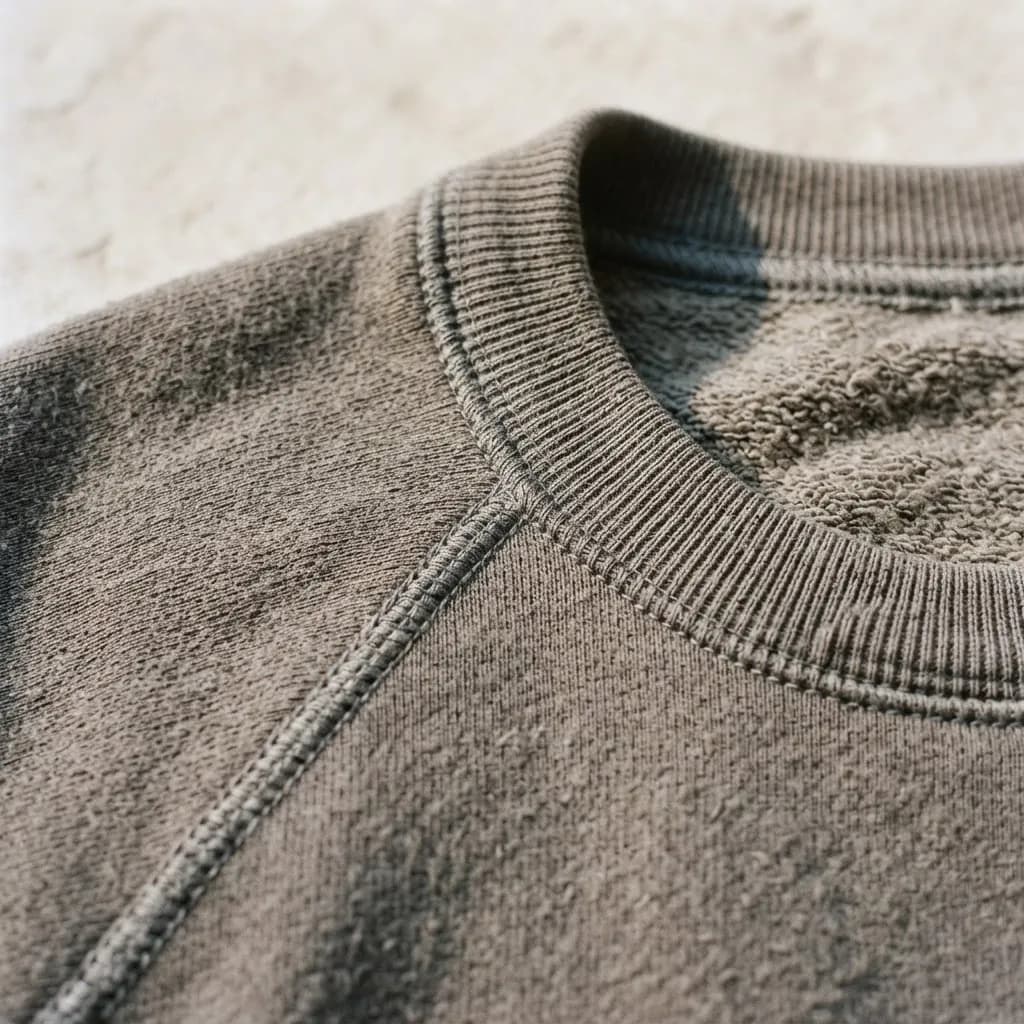 Nahaufnahme des Rippkragens und der Schulternaht des graubraunen Sweatshirts