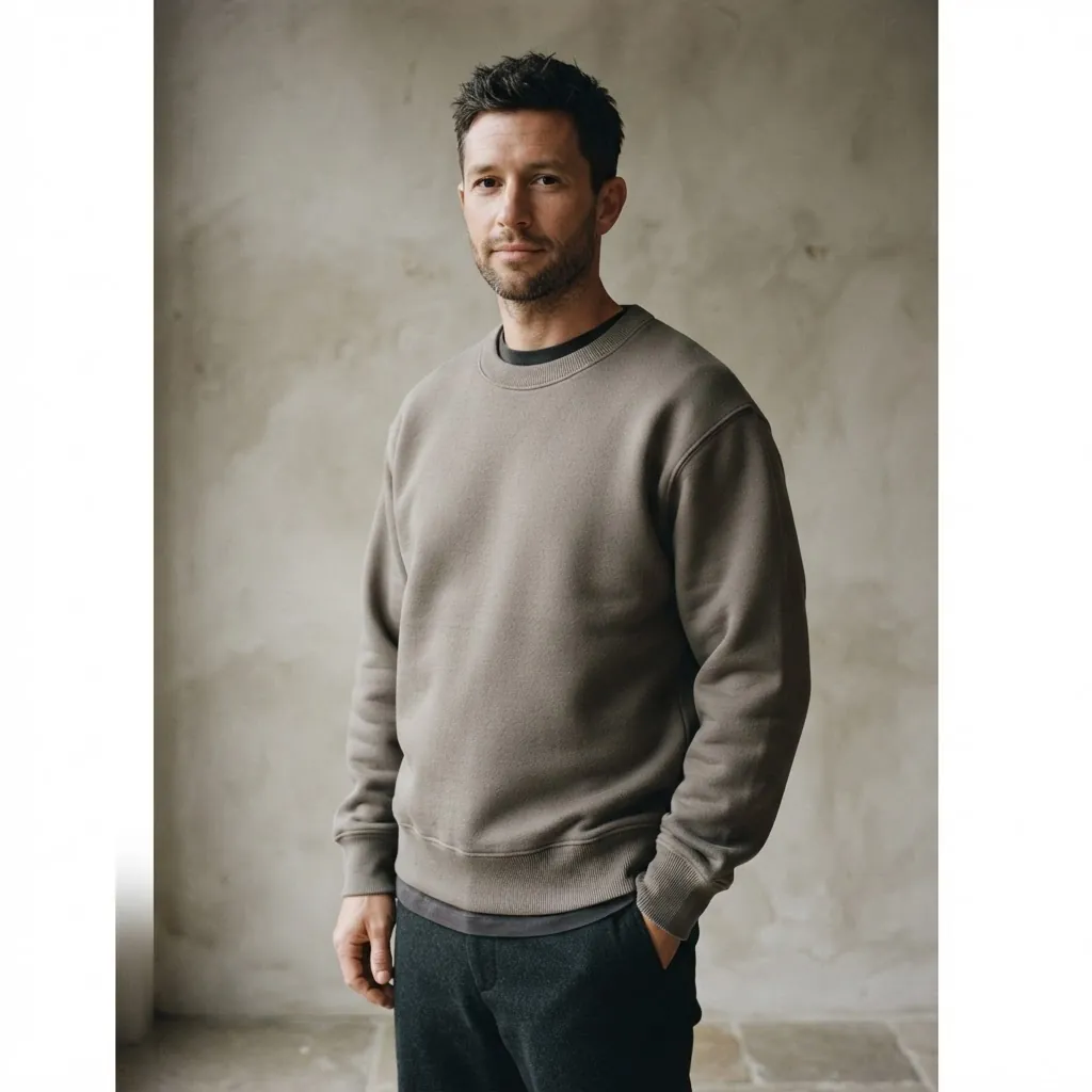 Mann trägt ein schweres graubraunes Sweatshirt aus French Terry mit Rippbündchen