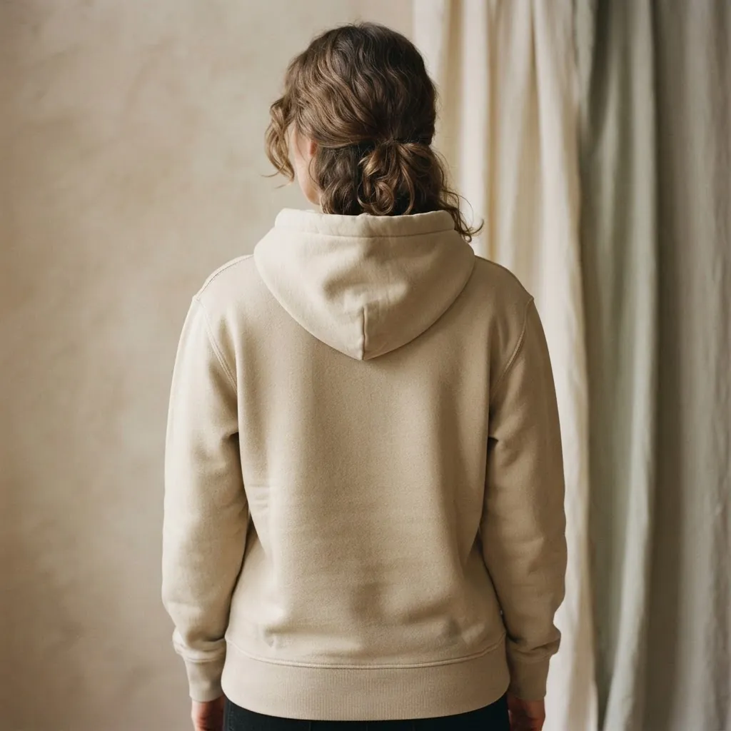 Rückansicht des sandfarbenen Hoodies mit Kapuze und Schulternaht