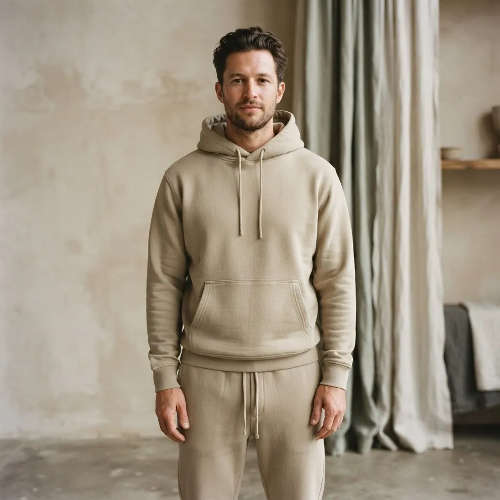 Mann trägt einen sandfarbenen schweren Hoodie mit passender Jogginghose