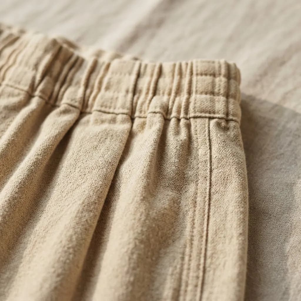 Nahaufnahme des Gummizugbunds und der Seitennaht der sandfarbenen weiten Hose