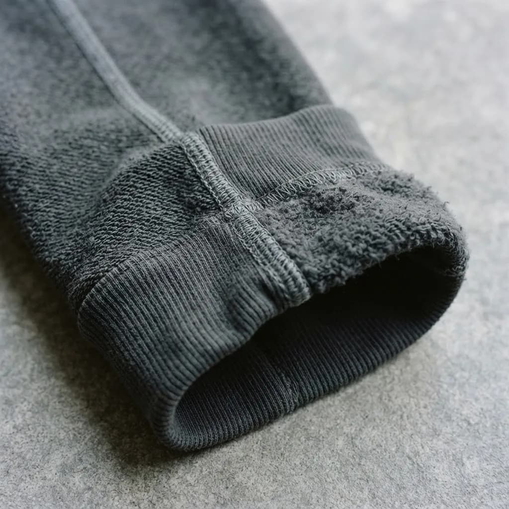 Nahaufnahme des Rippbündchens am Saum und der Seitennaht der anthrazitfarbenen Jogginghose