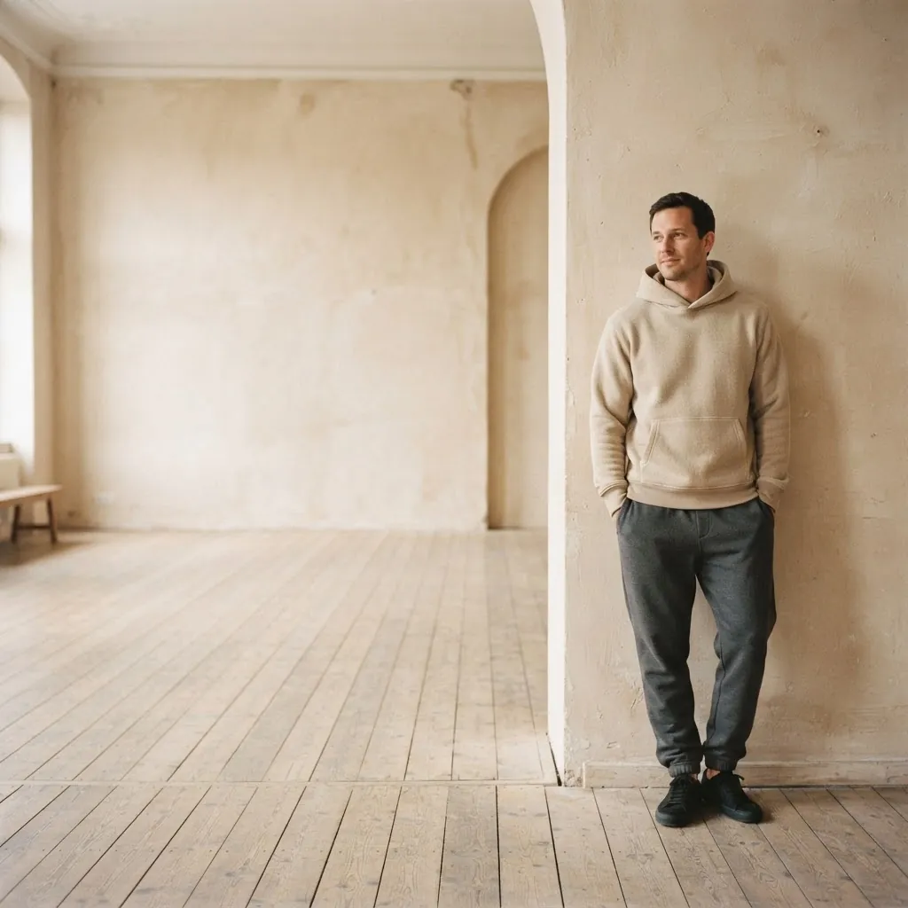 Mann in sandfarbenem Heavyweight-Hoodie und anthrazitfarbenem Jogger in einem hellen Studio mit warmem Tageslicht