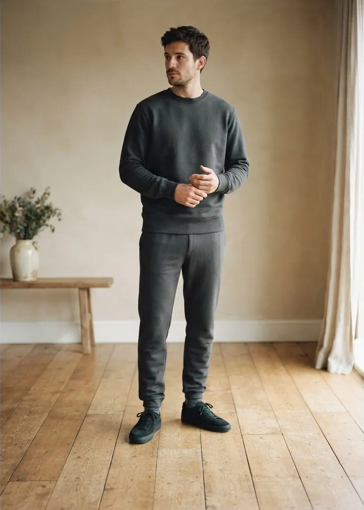 Mann in anthrazitfarbenem Crewneck und passendem Jogger in einem hellen Raum