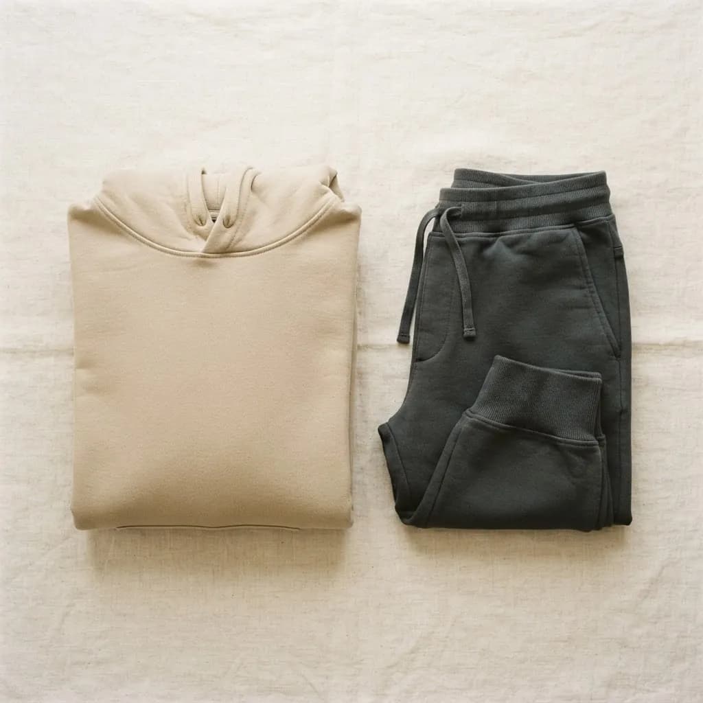 Von oben: gefalteter sandfarbener Hoodie neben anthrazitfarbenem Jogger auf cremefarbenem Leinen