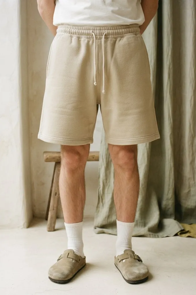 Schwere sandfarbene Shorts aus French Terry, getragen, Detailaufnahme der Beinpartie