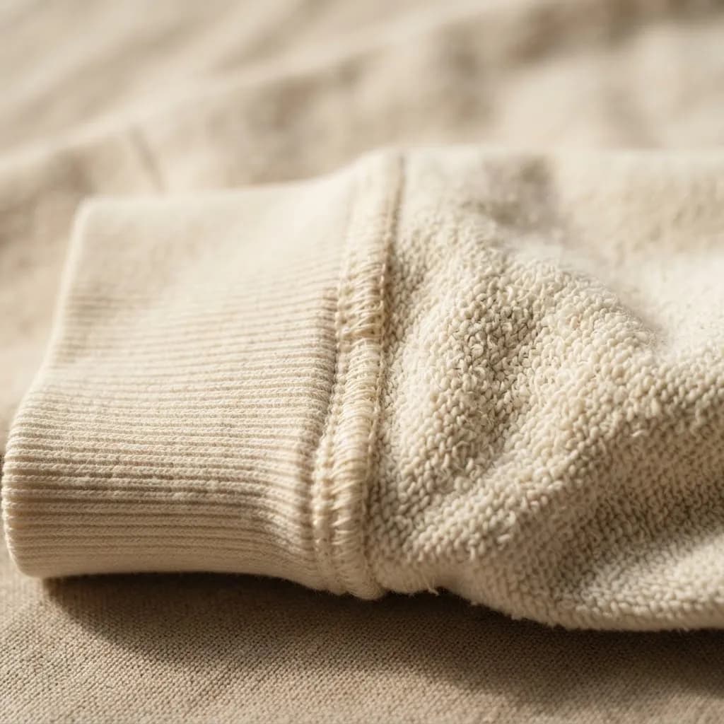 Nahaufnahme des Rippbündchens und der Loopback-Struktur des cremefarbenen Sweatshirts