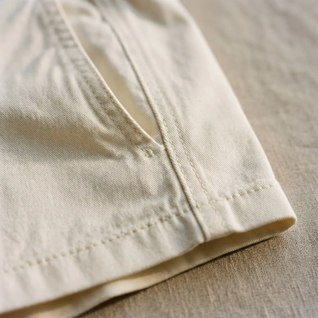 Nahaufnahme der Seitentasche und des doppelt abgesteppten Saums der offwhite Shorts