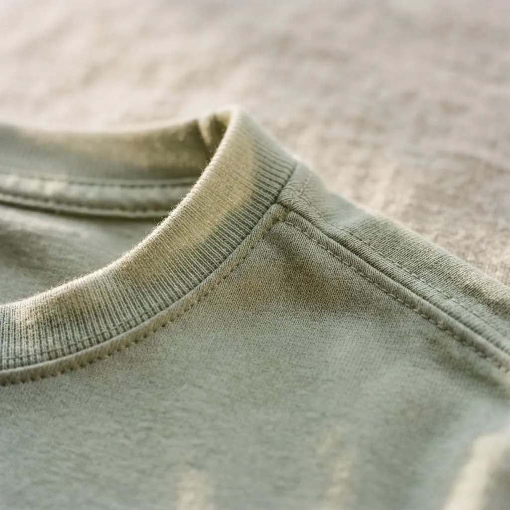 Nahaufnahme des feinen Rippkragens und der Schulternaht des salbeigrünen Shirts