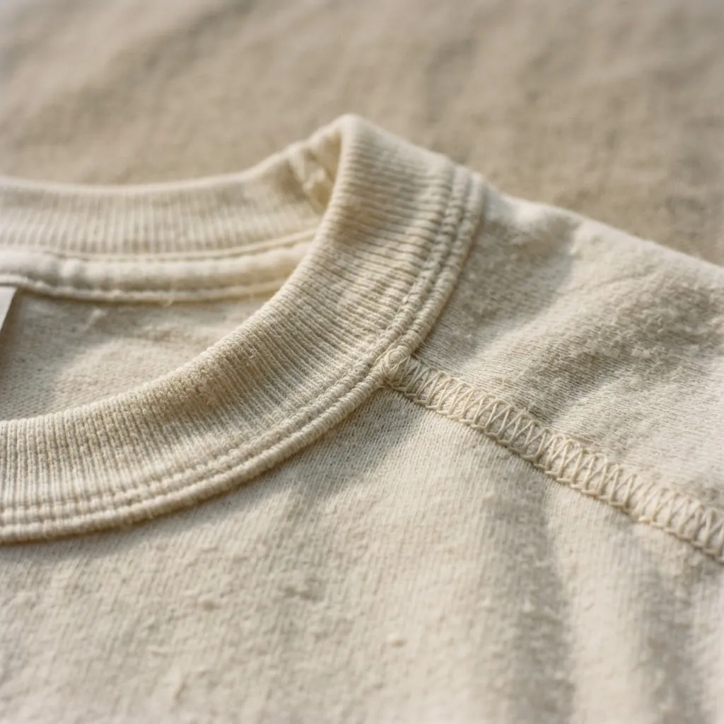Nahaufnahme des Rippkragens und der Schulternaht des schweren offwhite Shirts