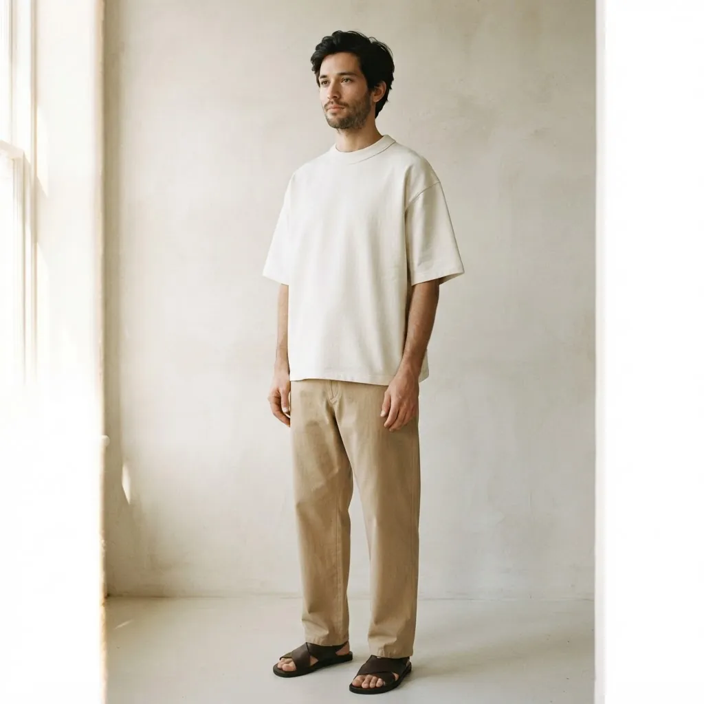 Mann trägt ein schweres offwhite T-Shirt aus Single Jersey mit kräftigem Rippkragen